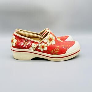 Dansko Shoes Womens 7.5 Red Floral Vegan Clogs Slip On Comfort Slip Resistant